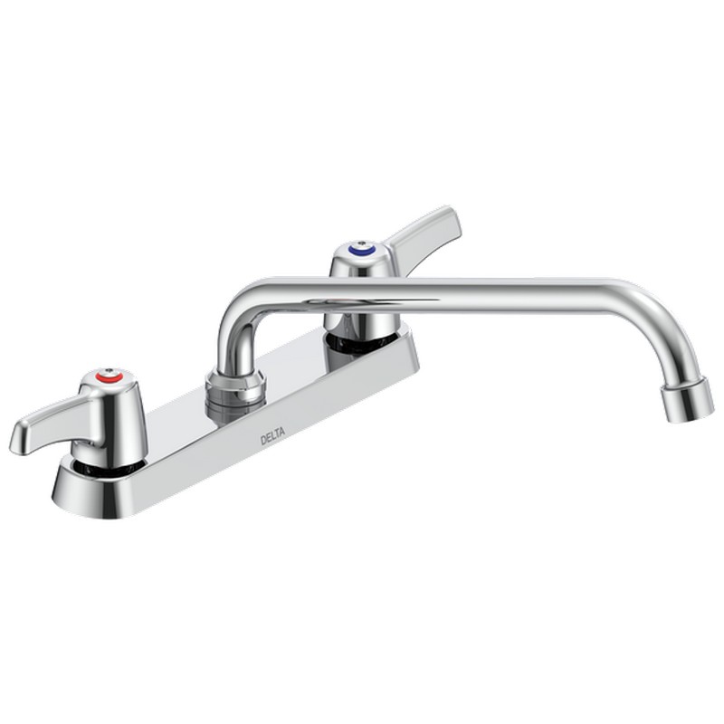 DELTA 26C3233-S7 COMMERCIAL 6 3/8 INCH TWO HOLES DECK MOUNT 1.5 GPM DOUBLE HANDLE KITCHEN FAUCET WITH LEVER BLADE HANDLES TUBULAR SWING 10 7/8 INCH SPOUT AND VANDAL RESISTANT AERATOR - CHROME