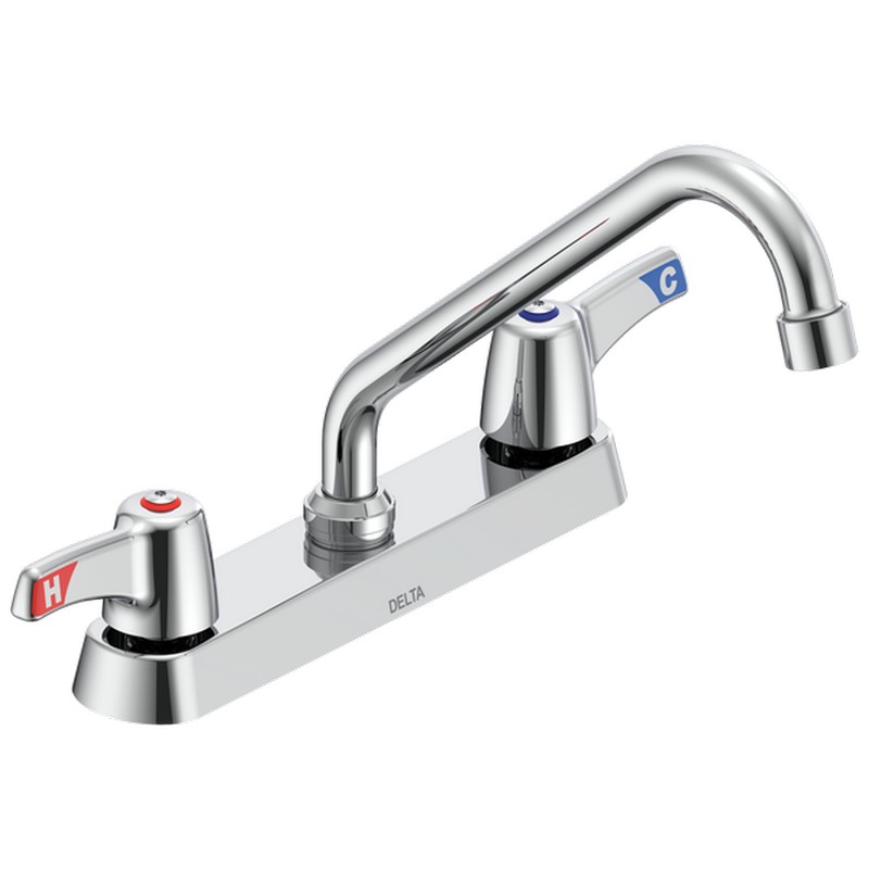 DELTA 26C3233-TI COMMERCIAL 7 1/4 INCH TWO HOLES DECK MOUNT 1.5 GPM DOUBLE HANDLE UTILITY KITCHEN FAUCET WITH TEMPERATURE INDICATED LEVER BLADE HANDLES AND TUBULAR SWING SPOUT - CHROME