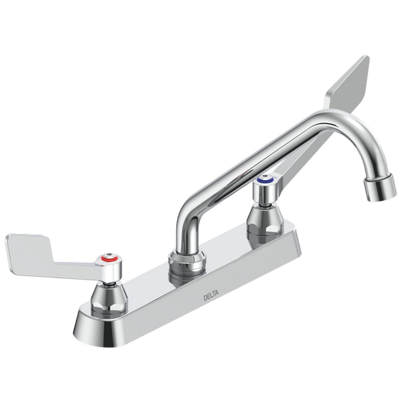 DELTA 26C3235 COMMERCIAL 8 INCH TWO HOLES DECK MOUNT CERAMIC DISC KITCHEN FAUCET WITH TWO WRIST BLADE HANDLES TUBULAR SWING SPOUT AND VANDAL RESISTANT AERATOR - CHROME