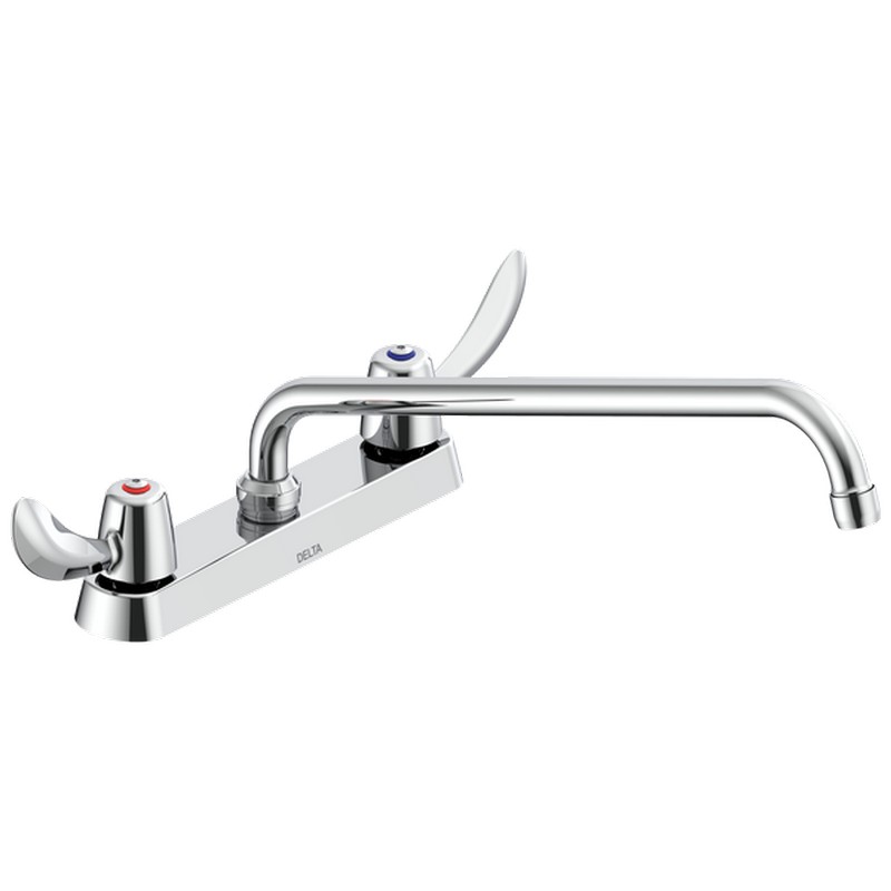 DELTA 26C3242-S8 COMMERCIAL 8 INCH TWO HOLES DECK MOUNT CERAMIC DISC KITCHEN FAUCET WITH TWO HOODED BLADE HANDLES AND TUBULAR SWING 14 INCH SPOUT - CHROME