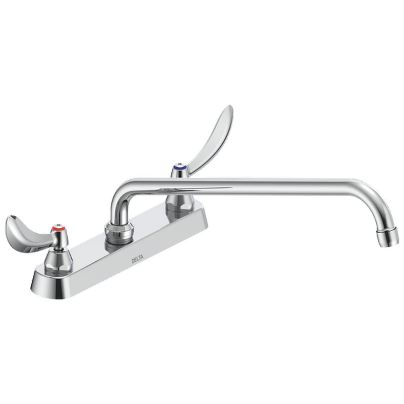 DELTA 26C3244-S8 COMMERCIAL 7 3/4 INCH TWO HOLES DECK MOUNT CERAMIC DISC KITCHEN FAUCET WITH BLADE HANDLES AND TUBULAR SWING 14 INCH SPOUT - CHROME