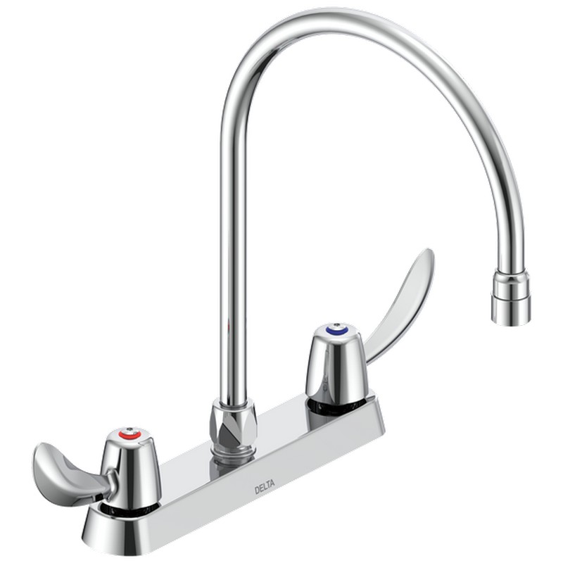 DELTA 26C3922-R7 COMMERCIAL 13 7/8 INCH TWO HOLES DECK MOUNT CERAMIC DISC KITCHEN FAUCET WITH HOODED BLADE HANDLES - CHROME