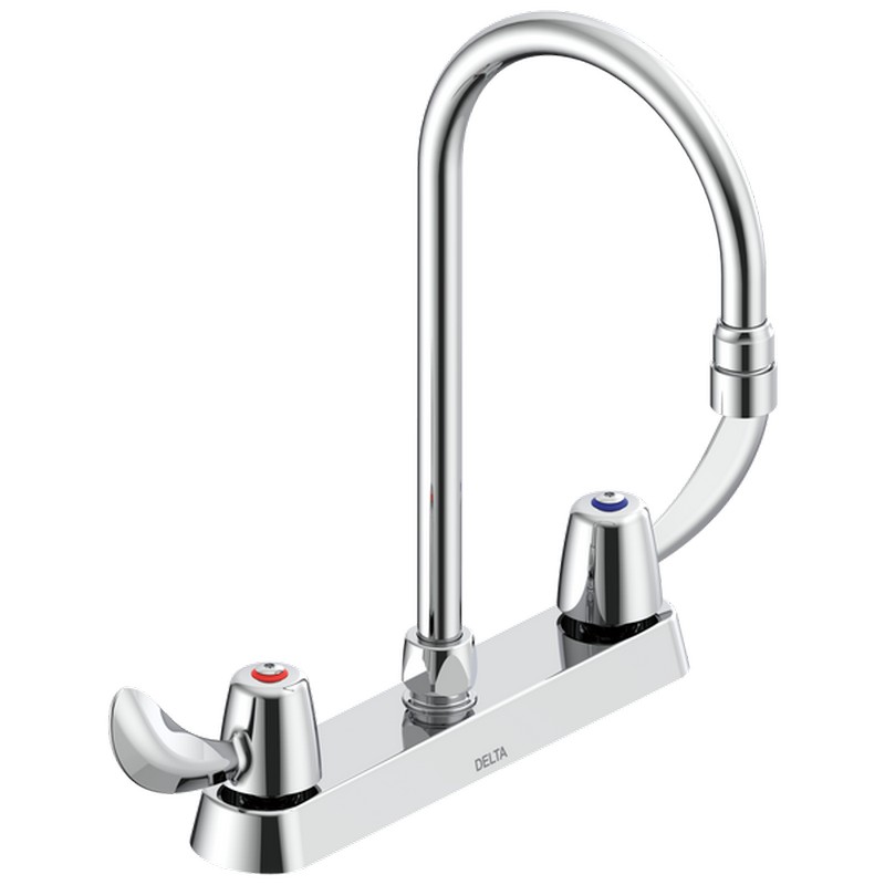 DELTA 26C3932-R5 COMMERCIAL 13 1/8 INCH TWO HOLES DECK MOUNT CERAMIC DISC KITCHEN FAUCET WITH HOODED BLADE HANDLES AND VANDAL RESISTANT AERATOR - CHROME