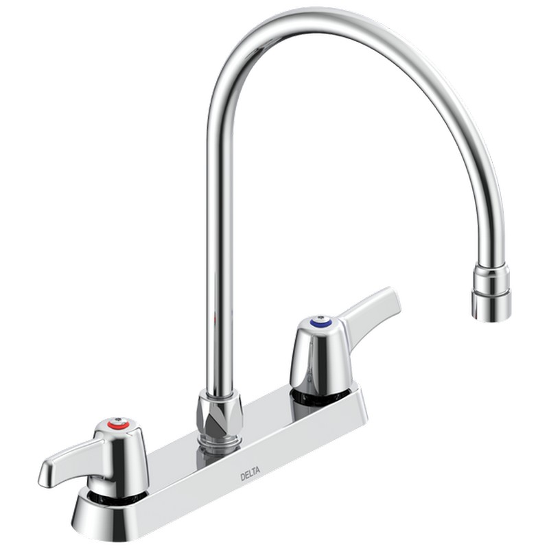 DELTA 26C3933-R7 COMMERCIAL 13 3/4 INCH THREE HOLES 1.5GPM CERAMIC DISC KITCHEN FAUCET WITH TWO LEVER BLADE HANDLES GOOSENECK SPOUT AND VANDAL RESISTANT AERATOR - CHROME