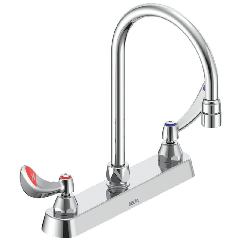 DELTA 26C3934-LS-TI COMMERCIAL 11 5/8 INCH TWO HOLES 1.5 GPM DECK UTILITY FAUCET WITH TEMPERATURE INDICATED, TWO BLADE HANDLES AND GOOSENECK SWING SPOUT - CHROME