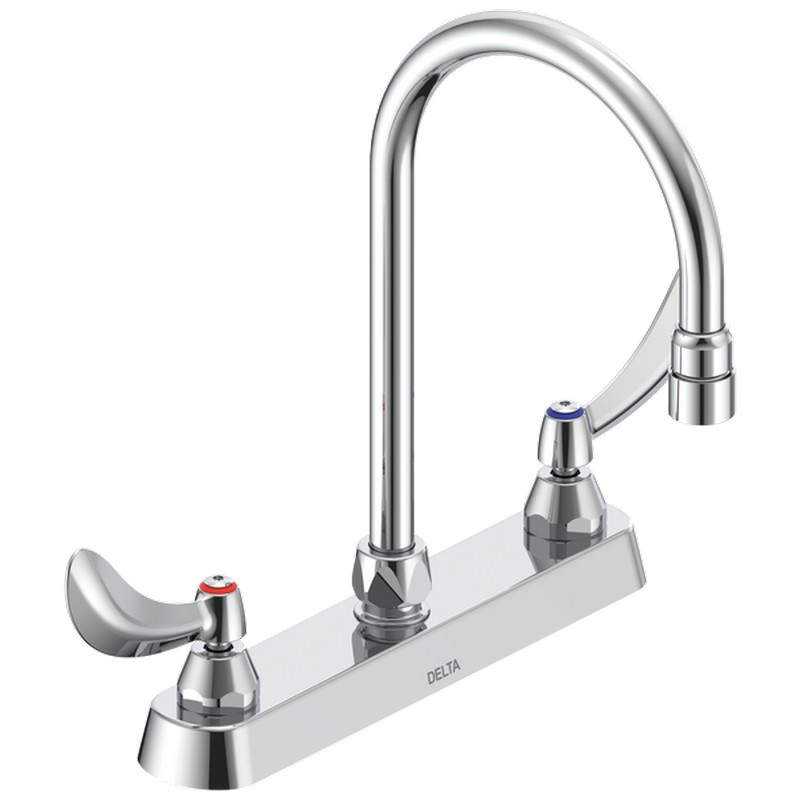 DELTA 26C3934-LS COMMERCIAL 13 7/8 INCH THREE HOLES 1.5GPM CERAMIC DISC KITCHEN FAUCET WITH TWO BLADE HANDLES LIMITED SWIVEL GOOSENECK SPOUT AND VANDAL RESISTANT AERATOR - CHROME