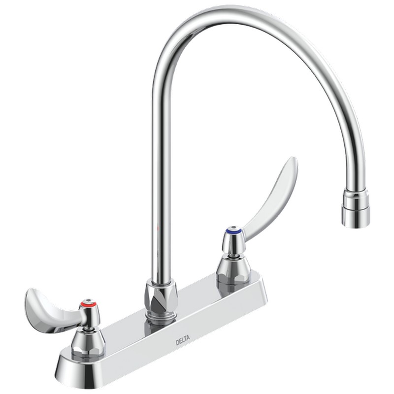 DELTA 26C3944-R7 COMMERCIAL 13 7/8 INCH THREE HOLES 1.5GPM CERAMIC DISC KITCHEN FAUCET WITH TWO BLADE HANDLES AND GOOSENECK SPOUT - CHROME