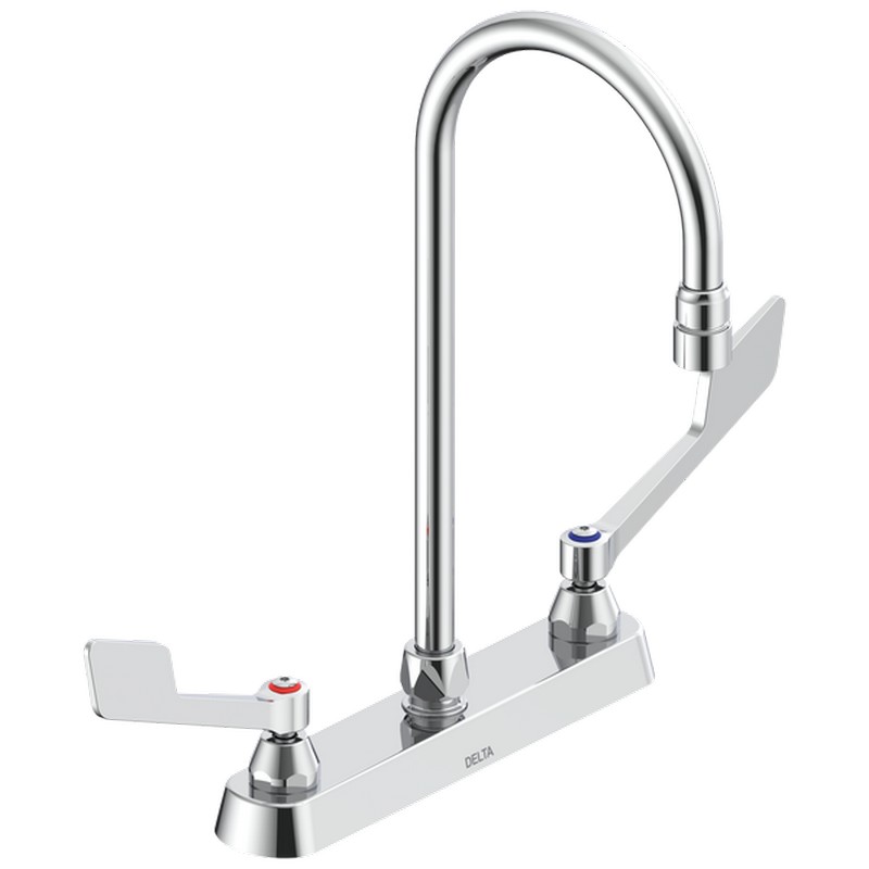 DELTA 26C3955-R6 COMMERCIAL 14 3/4 INCH TWO HOLES DECK MOUNT KITCHEN FAUCET WITH 0.5 GPM NON-AERATING OUTLET TWO WRIST BLADE HANDLES WITH SANITARY HOOD AND 6 INCH SPOUT - CHROME