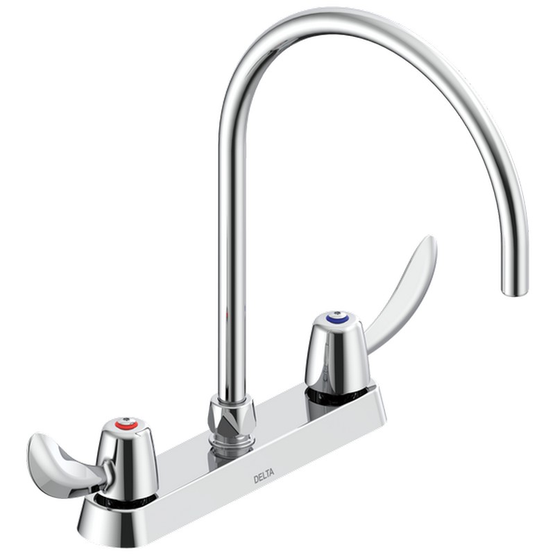 DELTA 26C3972-R7 COMMERCIAL 13 7/8 INCH TWO HOLES DECK MOUNT 1 GPM DECK UTILITY FAUCET WITH TWO HOODED BLADE HANDLES AND GOOSENECK SPOUT - CHROME
