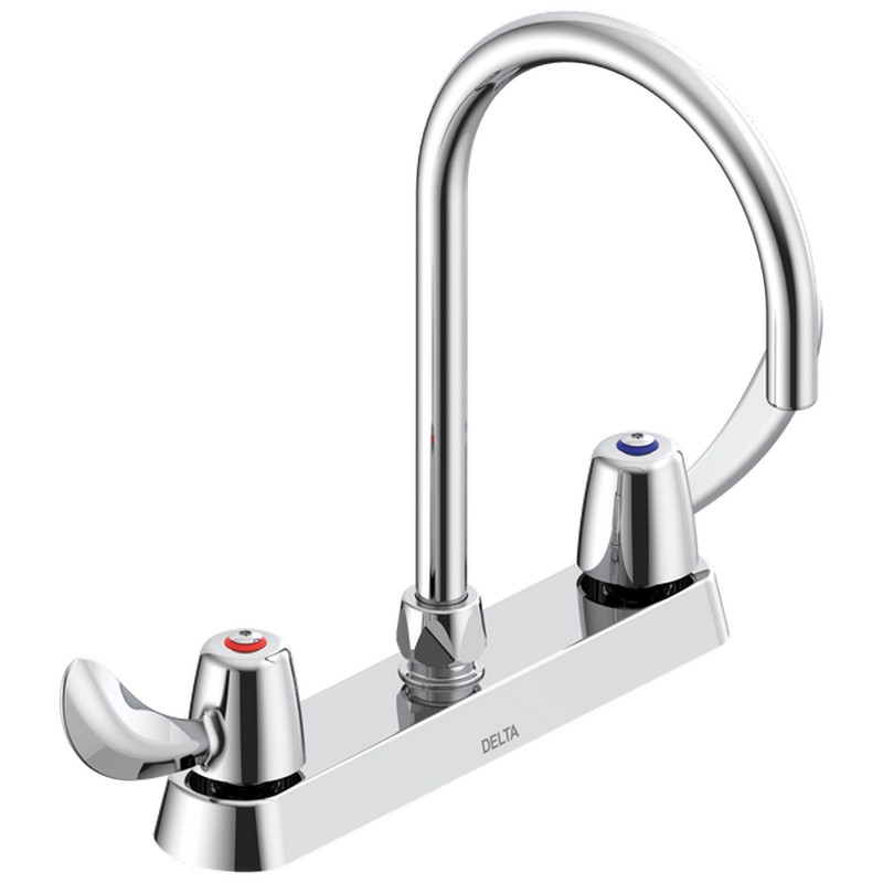 DELTA 26C3972 COMMERCIAL 11 5/8 INCH TWO HOLES DECK MOUNT 1 GPM CERAMIC DISC KITCHEN FAUCET WITH TWO HOODED BLADE HANDLES AND SMOOTH END GOOSENECK SPOUT - CHROME