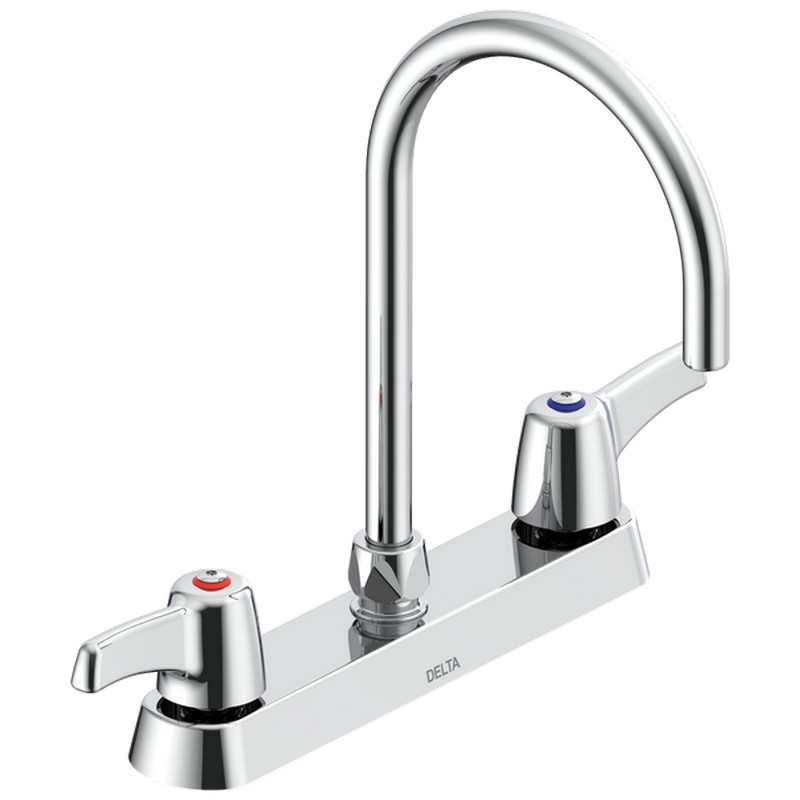 DELTA 26C3973 COMMERCIAL 11 5/8 INCH TWO HOLES DECK MOUNT 1 GPM CERAMIC DISC KITCHEN FAUCET WITH TWO LEVER BLADE HANDLES AND SMOOTH END GOOSENECK SPOUT - CHROME