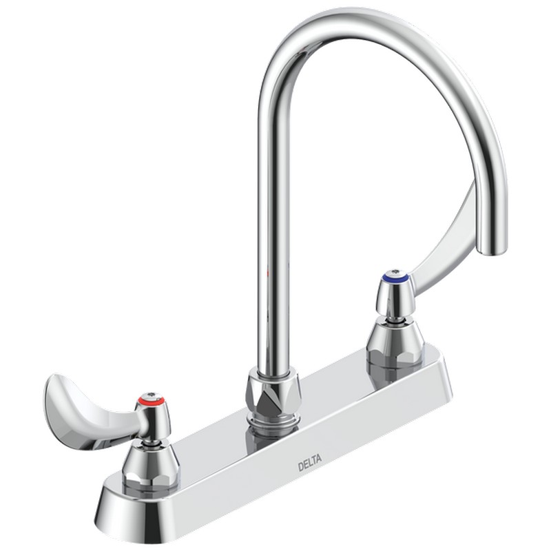DELTA 26C3974 COMMERCIAL 11 5/8 INCH THREE HOLES DECK MOUNT 1 GPM CERAMIC DISC KITCHEN FAUCET WITH TWO BLADE HANDLES AND 6 INCH SMOOTH END GOOSENECK SPOUT - CHROME