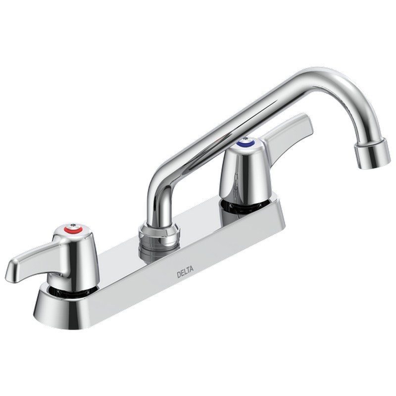 DELTA 26T3243 COMMERCIAL 9 1/8 INCH THREE HOLES DECK MOUNT 1.5 GPM KITCHEN FAUCET WITH TWO LEVER BLADE HANDLES AND TUBULAR SWING SPOUT - CHROME