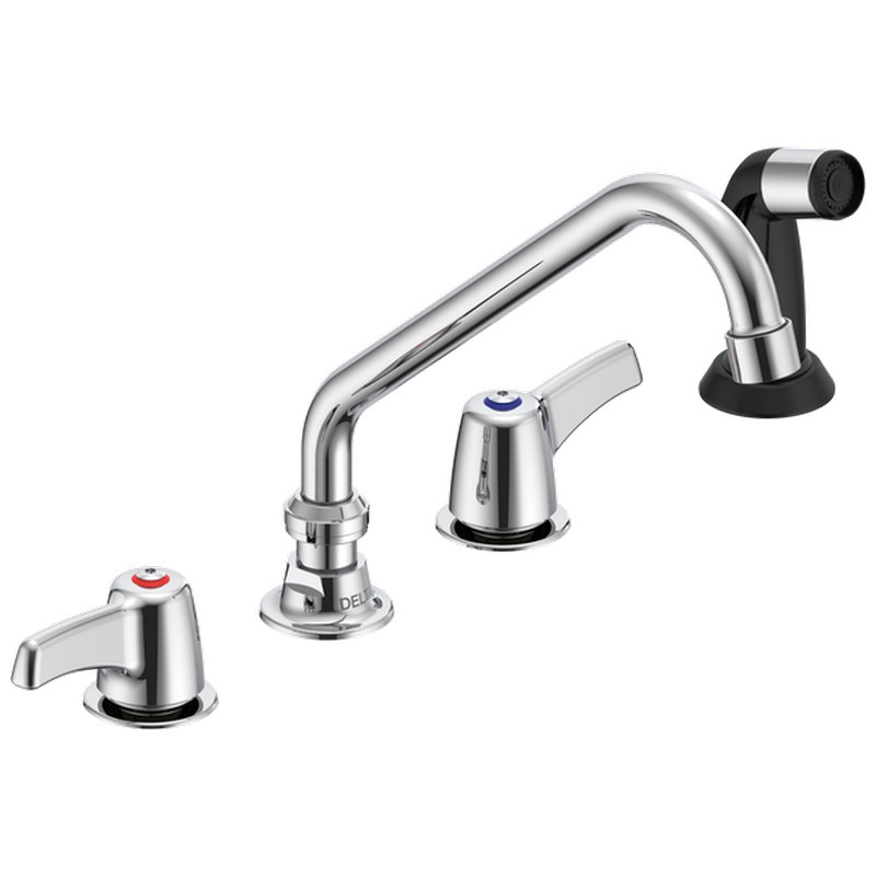 DELTA 27C1233 COMMERCIAL 9 3/8 INCH THREE HOLES DECK MOUNT 1.5 GPM KITCHEN FAUCET WITH TWO LEVER BLADE HANDLES, SIDE SPRAY, TUBULAR SWING SPOUT, AND VANDAL RESISTANT AERATOR - CHROME