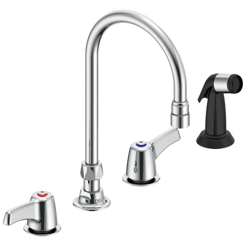 DELTA 27C1933 COMMERCIAL 11 3/4 INCH THREE HOLES BELOW DECK MOUNT 1.5 GPM CERAMIC DISC KITCHEN FAUCET WITH TWO LEVER BLADE HANDLES SIDE SPRAY GOOSENECK SPOUT AND VANDAL RESISTANT AERATOR - CHROME