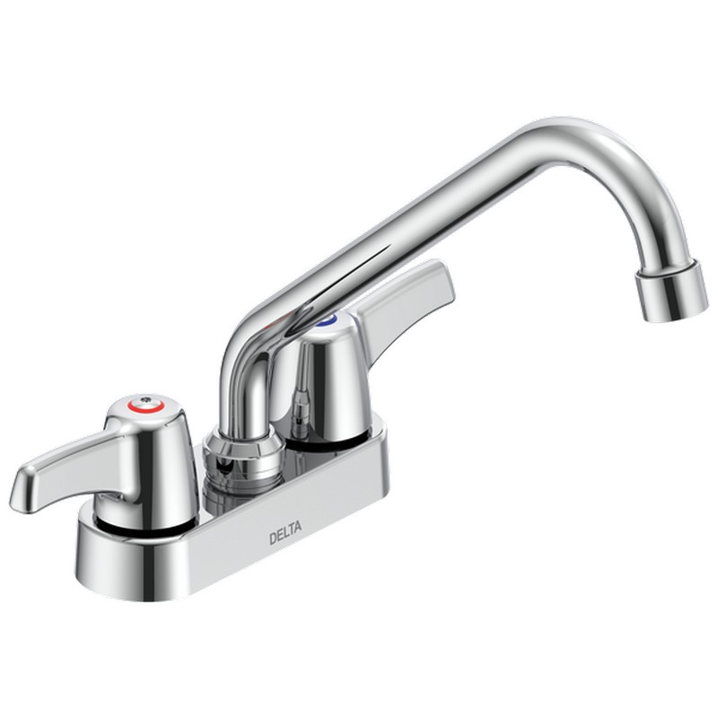 DELTA 27C4223 COMMERCIAL 9 1/4 INCH TWO HANDLES CERAMIC DISC DECK MOUNT BATHROOM FAUCET WITH LEVER BLADE HANDLES, 8 INCH TUBULAR SWING SPOUT AND ANTIMICROBIAL - CHROME