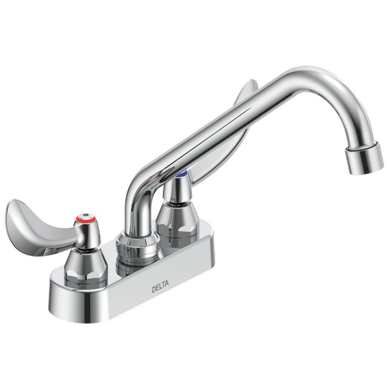 DELTA 27C4234 COMMERCIAL 9 1/4 INCH TWO HANDLES CERAMIC DISC DECK MOUNT BATHROOM FAUCET WITH BLADE HANDLES, 8 INCH TUBULAR SWING SPOUT AND VANDAL RESISTANT AERATOR - CHROME