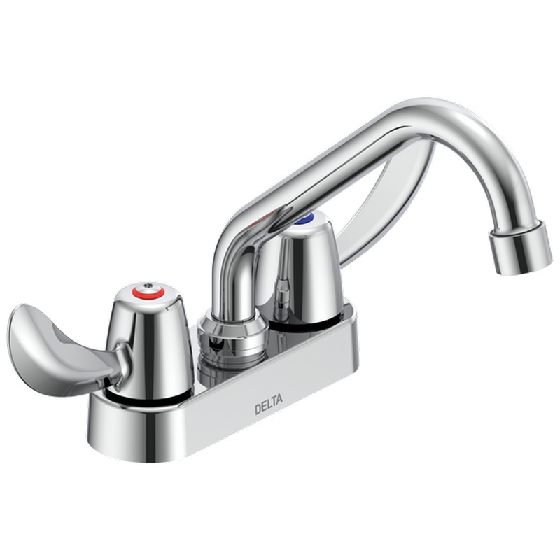 DELTA 27C4332 COMMERCIAL 7 1/4 INCH TWO HANDLES CERAMIC DISC DECK MOUNT BATHROOM FAUCET WITH HOODED BLADE HANDLES, 6 INCH TUBULAR SWING SPOUT AND VANDAL RESISTANT AERATOR - CHROME