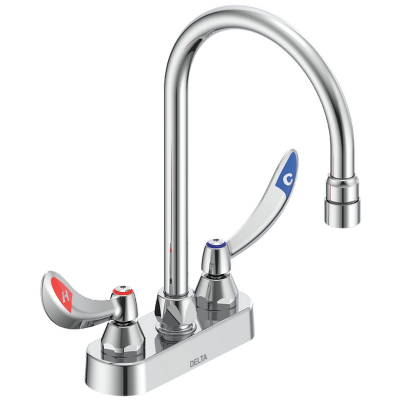 DELTA 27C4924-TI COMMERCIAL 11 5/8 INCH TWO HOLES DECK MOUNT CENTERSET LAVATORY FAUCET WITH BLADE HANDLES AND TEMPERATURE INDICATORS - CHROME