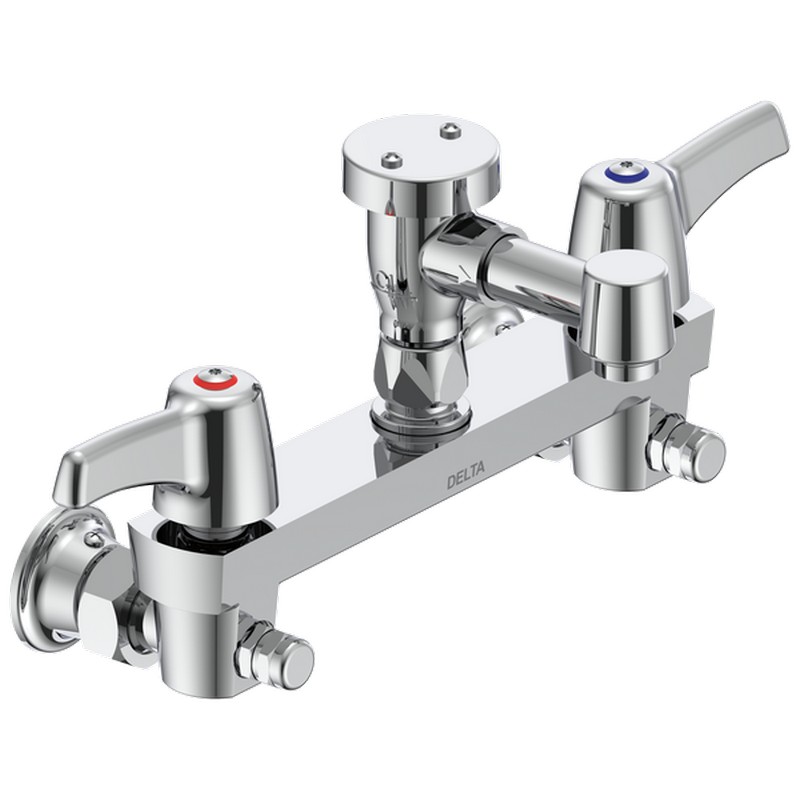 DELTA 28C2083 COMMERCIAL 5 1/8 INCH TWO HOLES WALL MOUNT CERAMIC DISC KITCHEN FAUCET WITH LEVER BLADE HANDLES AND BODY MOUNTED ANGLE VACUUM BREAKER AERATOR - CHROME