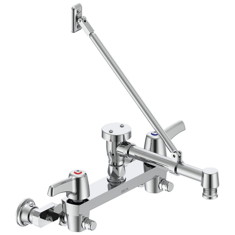 DELTA 28C2383-AC COMMERCIAL 6 INCH TWO HOLES WALL MOUNT CERAMIC DISC FAUCET WITH TWO LEVER BLADE HANDLES LONG SPOUT WITH BRACE ADJUSTABLE CENTERS AND BODY MOUNTED ANGLE VACUUM BREAKER - CHROME