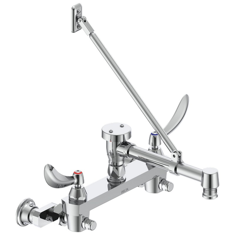 DELTA 28C2384-AC COMMERCIAL 6 INCH TWO HOLES WALL MOUNT CERAMIC DISC FAUCET WITH TWO BLADE HANDLES LONG SPOUT WITH BRACE ADJUSTABLE CENTERS AND BODY MOUNTED ANGLE VACUUM BREAKER - CHROME