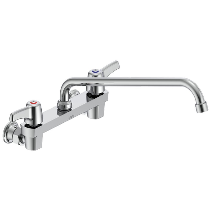 DELTA 28C4233-S8 COMMERCIAL 8 1/8 INCH TWO HOLES WALL MOUNT CERAMIC DISC 1.5 GPM FAUCET LESS INTEGRAL STOPS WITH TWO LEVER BLADE HANDLES 14 INCH TUBULAR SWING SPOUT AND VANDAL RESISTANT AERATOR - CHROME