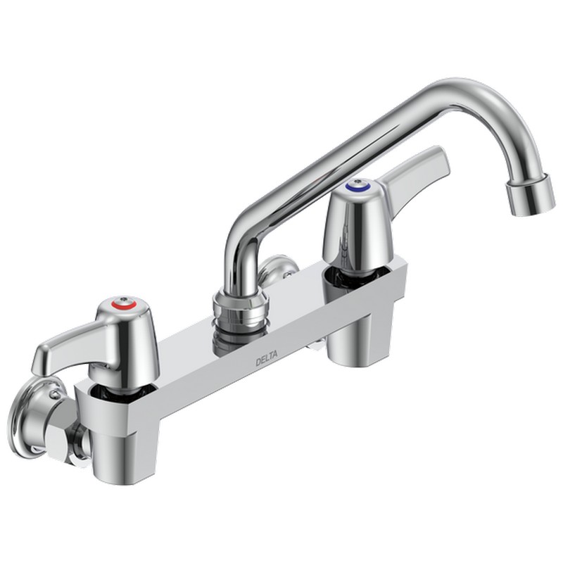 DELTA 28C4233 COMMERCIAL 9 5/8 INCH TWO HOLES WALL MOUNT CERAMIC DISC 1.5 GPM FAUCET LESS INTEGRAL STOPS WITH TWO LEVER BLADE HANDLES 8 INCH TUBULAR SWING SPOUT AND VANDAL RESISTANT AERATOR - CHROME