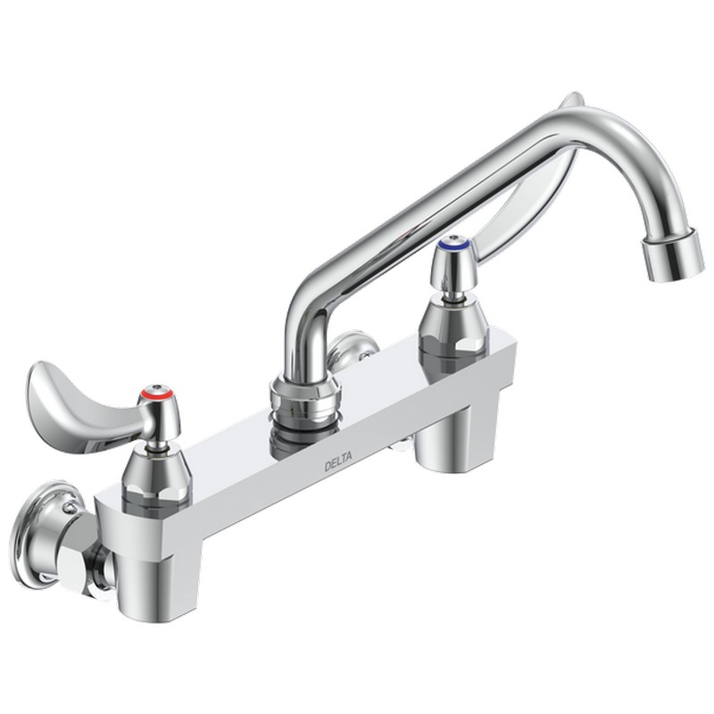 DELTA 28C4234 COMMERCIAL 9 5/8 INCH TWO HOLES WALL MOUNT CERAMIC DISC 1.5 GPM FAUCET LESS INTEGRAL STOPS WITH TWO BLADE HANDLES 8 INCH TUBULAR SWING SPOUT AND VANDAL RESISTANT AERATOR - CHROME