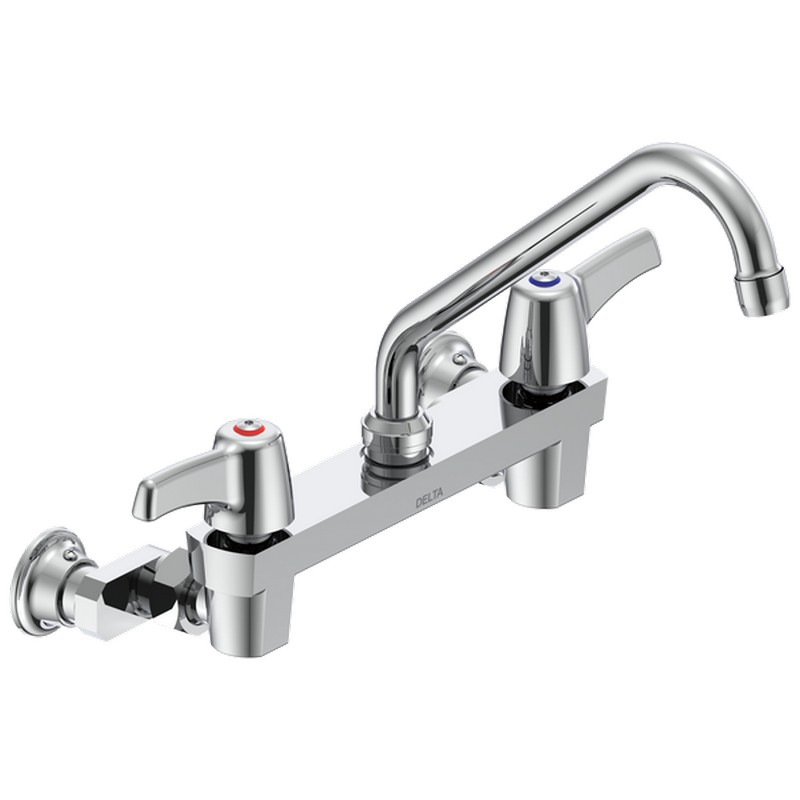 DELTA 28C4243-AC COMMERCIAL 10 3/8 INCH TWO HOLES WALL MOUNT CERAMIC DISC 1.5 GPM FAUCET LESS INTEGRAL STOPS WITH TWO LEVER BLADE HANDLES ADJUSTABLE CENTERS AND 8 INCH TUBULAR SWING SPOUT - CHROME