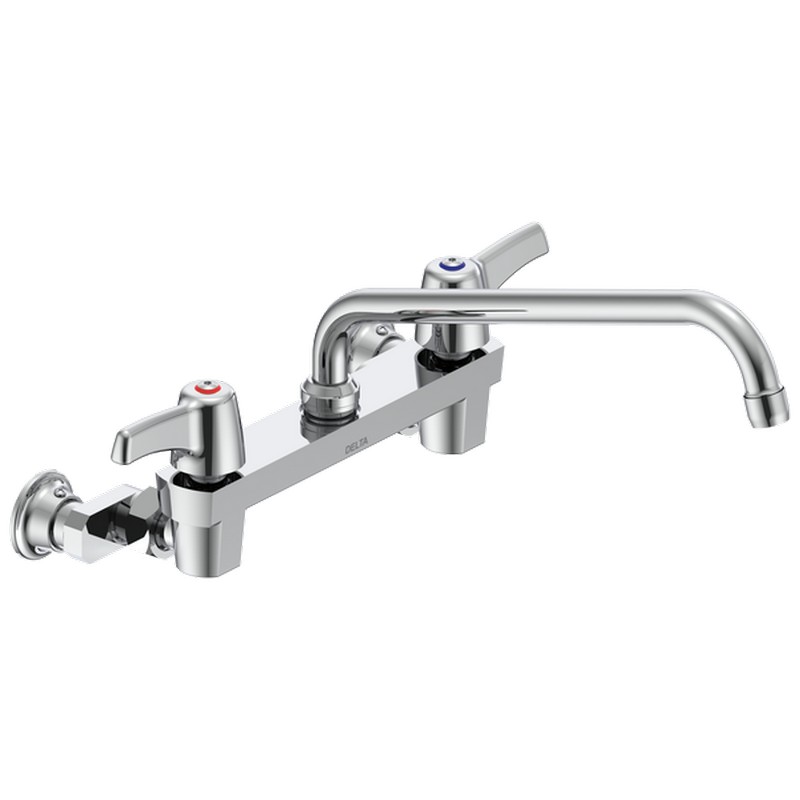 DELTA 28C4443-AC COMMERCIAL 8 3/8 INCH TWO HOLES WALL MOUNT CERAMIC DISC 1.5 GPM FAUCET LESS INTEGRAL STOPS WITH TWO LEVER BLADE HANDLES ADJUSTABLE CENTERS AND 11 INCH TUBULAR SWING SPOUT - CHROME