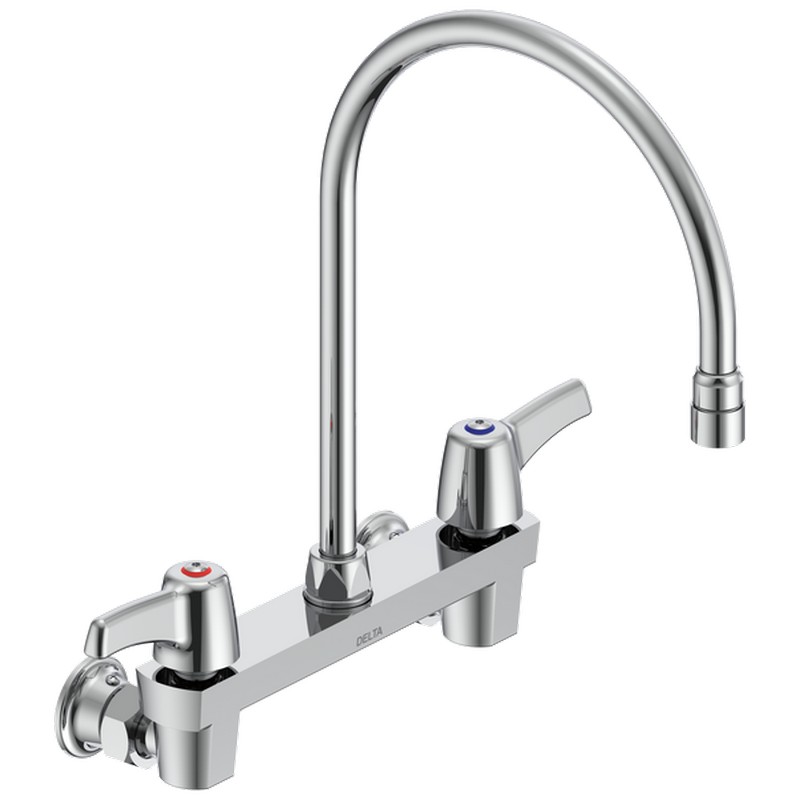 DELTA 28C4933-R7 COMMERCIAL 14 1/4 INCH TWO HOLES WALL MOUNT CERAMIC DISC 1.5 GPM FAUCET LESS INTEGRAL STOPS WITH TWO LEVER BLADE HANDLES GOOSENECK SPOUT AND VANDAL RESISTANT AERATOR - CHROME