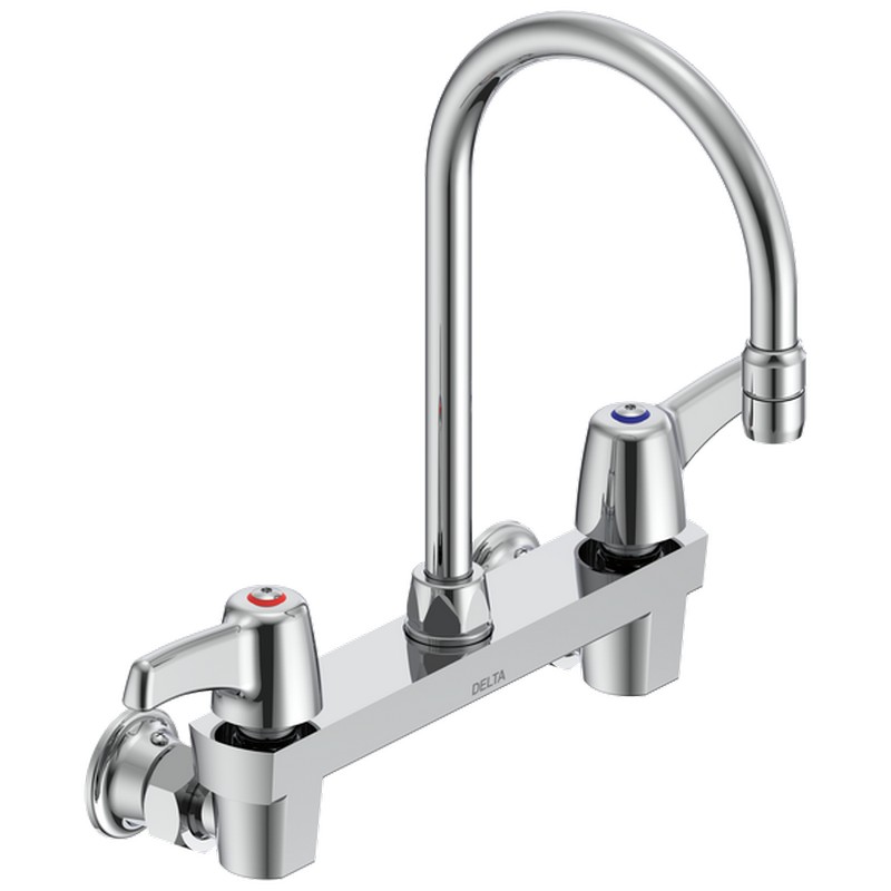 DELTA 28C4933 COMMERCIAL 12 INCH TWO HOLES WALL MOUNT CERAMIC DISC 1.5 GPM FAUCET LESS INTEGRAL STOPS WITH TWO LEVER BLADE HANDLES GOOSENECK SPOUT AND VANDAL RESISTANT AERATOR - CHROME