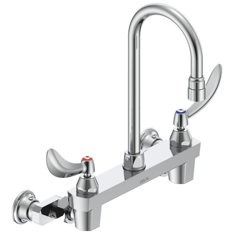 DELTA 28C4934-AC-R2 COMMERCIAL 12 1/4 INCH TWO HOLES WALL MOUNT CERAMIC DISC 1.5 GPM FAUCET LESS INTEGRAL STOPS WITH TWO BLADE HANDLES ADJUSTABLE CENTERS GOOSENECK SPOUT AND VANDAL RESISTANT AERATOR - CHROME