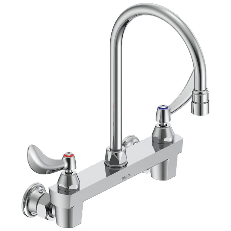 DELTA 28C4934 COMMERCIAL 12 INCH TWO HOLES WALL MOUNT CERAMIC DISC 1.5 GPM FAUCET LESS INTEGRAL STOPS WITH TWO BLADE HANDLES GOOSENECK SPOUT AND VANDAL RESISTANT AERATOR - CHROME