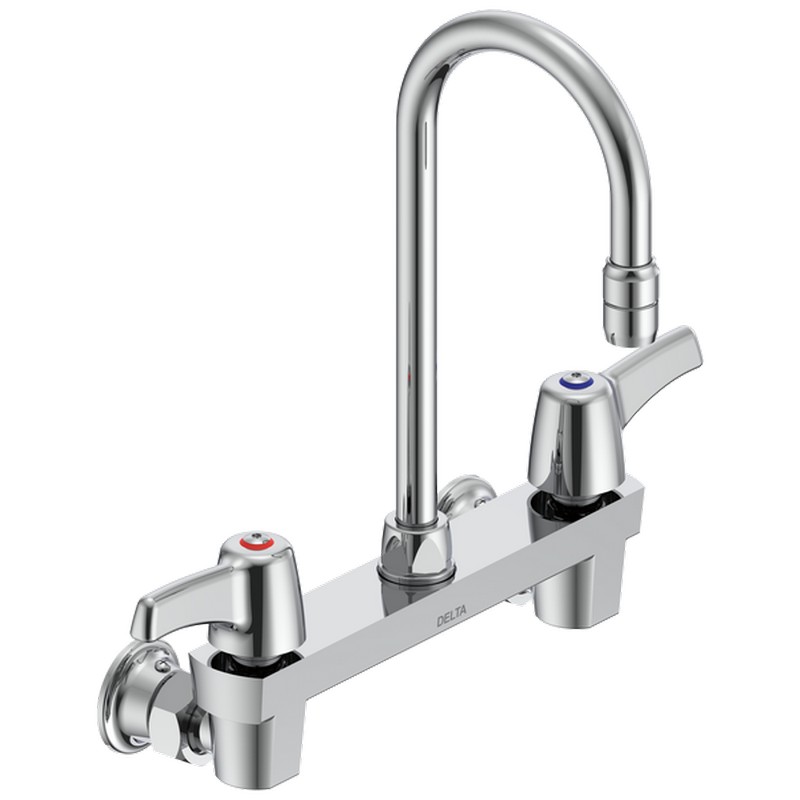 DELTA 28C4943-R2 COMMERCIAL 12 1/8 INCH TWO HOLES WALL MOUNT CERAMIC DISC KITCHEN FAUCET WITH LEVER BLADE HANDLES - CHROME