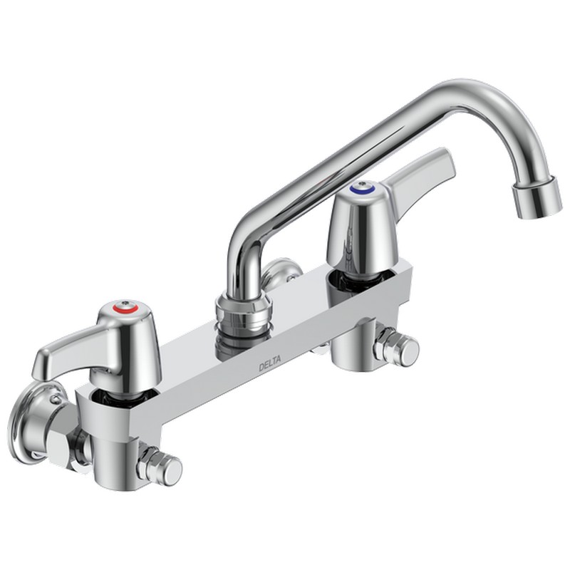 DELTA 28C6223 COMMERCIAL 9 1/2 INCH TWO HOLES WALL MOUNT ANTIMICROBIAL CERAMIC DISC KITCHEN FAUCET WITH LEVER BLADE HANDLE - CHROME