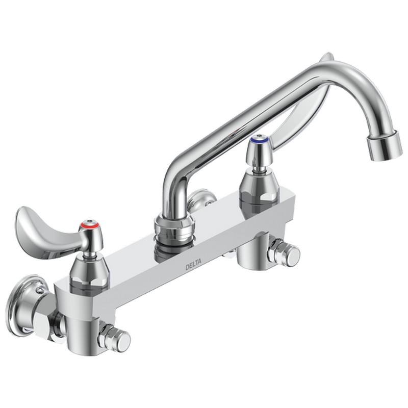 DELTA 28C6224 COMMERCIAL 9 1/2 INCH TWO HOLES WALL MOUNT ANTIMICROBIAL CERAMIC DISC KITCHEN FAUCET WITH BLADE HANDLES - CHROME