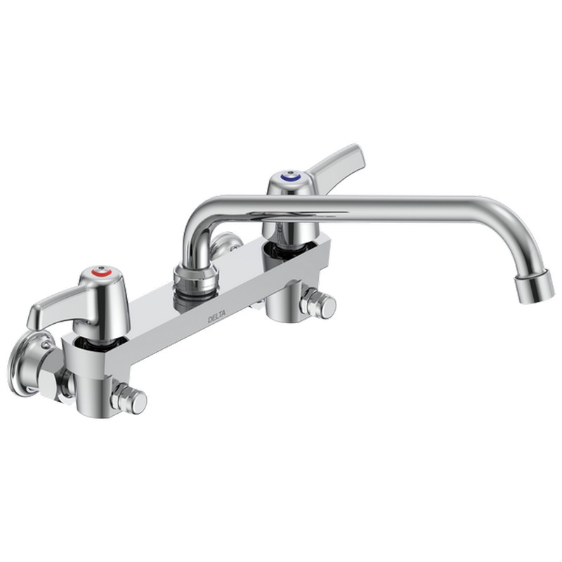 DELTA 28C6423 COMMERCIAL 7 1/2 INCH TWO HOLES WALL MOUNT ANTIMICROBIAL CERAMIC DISC KITCHEN FAUCET WITH LEVER BLADE HANDLES - CHROME