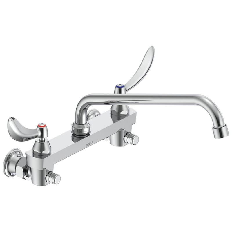 DELTA 28C6444 COMMERCIAL 7 1/2 INCH TWO HOLES WALL MOUNT CERAMIC DISC KITCHEN FAUCET WITH BLADE HANDLES - CHROME