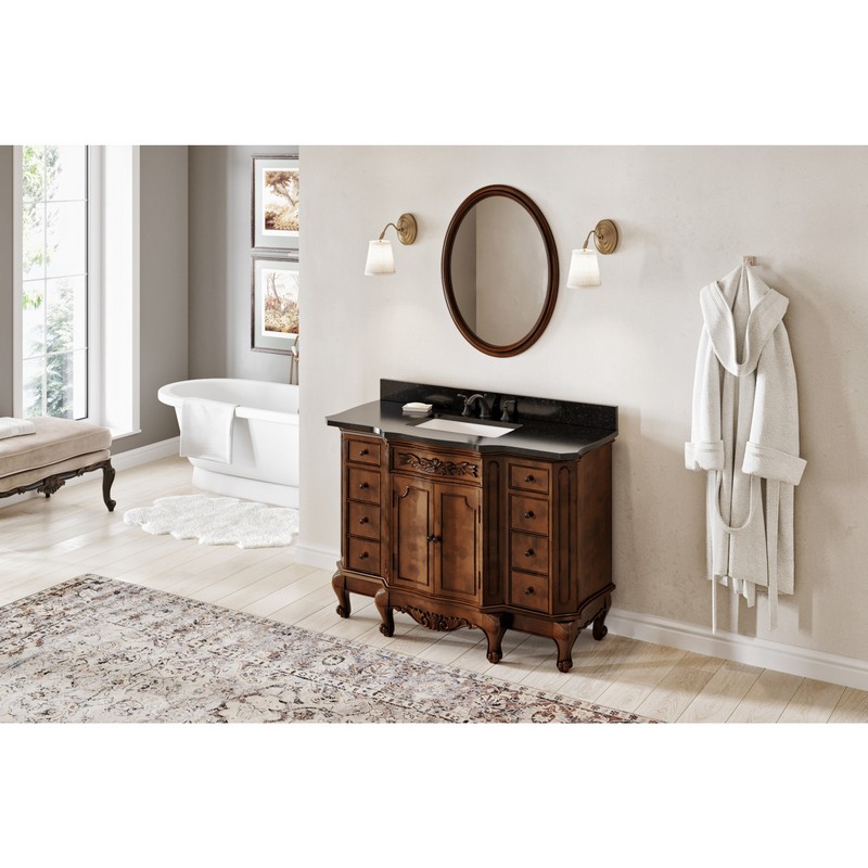 HARDWARE RESOURCES VKITCLA48NUBGR CLAIREMONT 49 INCH FREESTANDING BATH VANITY IN NUTMEG WITH CLAIREMONT BLACK GRANITE TOP AND UNDERMOUNT RECTANGLE BOWL