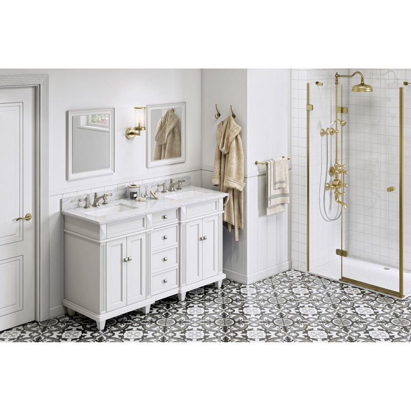 HARDWARE RESOURCES VKITDOU60WHWCR DOUGLAS 61 INCH FREESTANDING BATH VANITY IN WHITE WITH WHITE CARRARA MARBLE TOP AND TWO UNDERMOUNT RECTANGLE BOWL