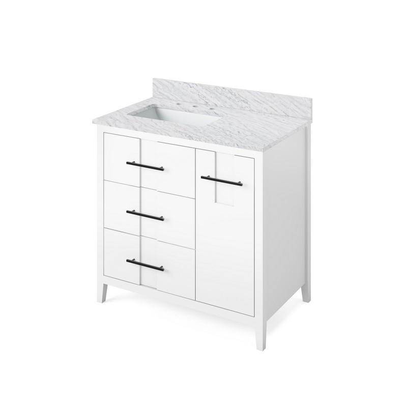 HARDWARE RESOURCES VKITKAT36WCR KATARA 37 INCH FREESTANDING BATH VANITY WITH WHITE CARRARA MARBLE TOP AND UNDERMOUNT RECTANGLE BOWL