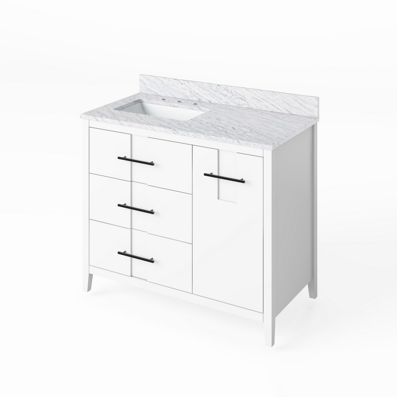 HARDWARE RESOURCES VKITKAT42WCR KATARA 43 INCH FREESTANDING BATH VANITY WITH WHITE CARRARA MARBLE TOP AND UNDERMOUNT RECTANGLE BOWL