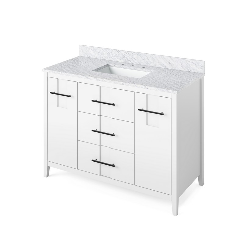 HARDWARE RESOURCES VKITKAT48WCR KATARA 49 INCH FREESTANDING BATH VANITY WITH WHITE CARRARA MARBLE TOP AND UNDERMOUNT RECTANGLE BOWL