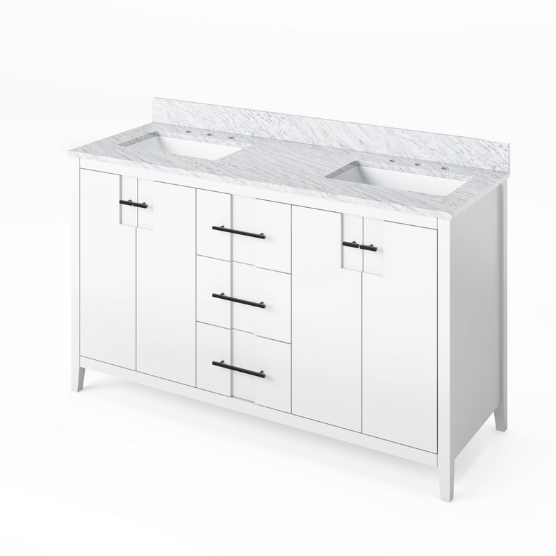 HARDWARE RESOURCES VKITKAT60WCR KATARA 61 INCH FREESTANDING BATH VANITY WITH WHITE CARRARA MARBLE TOP AND TWO UNDERMOUNT RECTANGLE BOWL