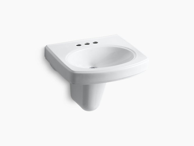 KOHLER K-2035-4 PINOIR 18 INCH WALL MOUNTED BATHROOM SINK WITH 3 HOLES DRILLED AND OVERFLOW