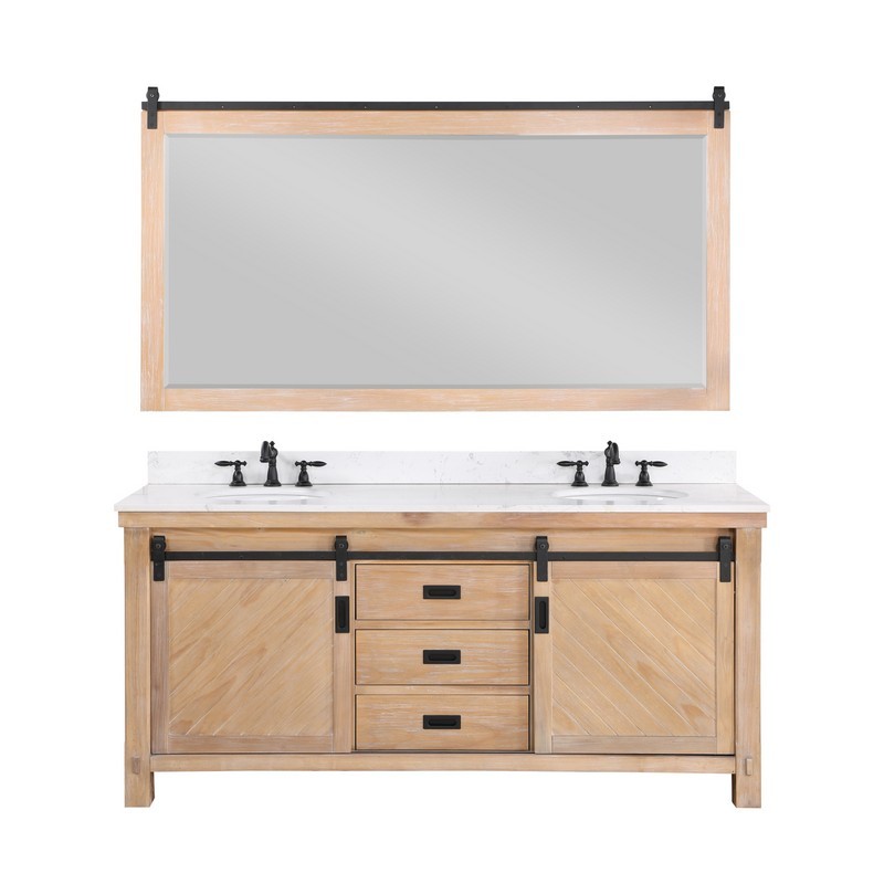 VINNOVA 701772-WP-WS CORTES  72 INCH DOUBLE SINK BATH VANITY IN WEATHERED PINE WITH WHITE COMPOSITE COUNTERTOP AND MIRROR