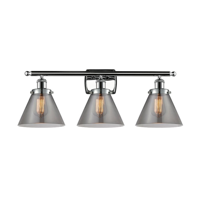 INNOVATIONS LIGHTING 916-3W-G43 BALLSTON LARGE CONE 3 LIGHT 26 INCH PLATED SMOKE GLASS VANITY LIGHT