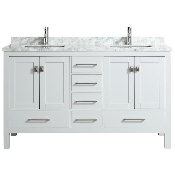 EVIVA TVN414-60X18 LONDON 60 INCH X 18 INCH TRANSITIONAL BATHROOM VANITY WITH MARBLE TOP AND DOUBLE PORCELAIN SINKS